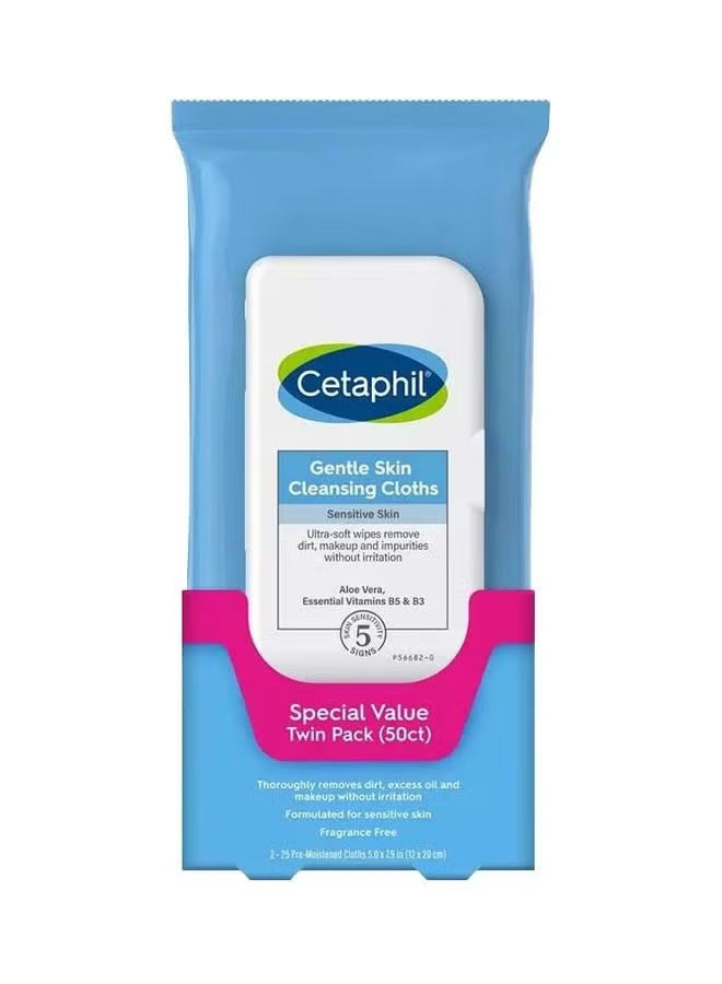 Pack Of 2 Gentle Skin Cleansing Face Wipes Cloths, Unscented - 50Ct